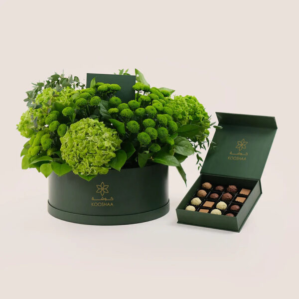 Grande Green Blooms Round Box & Chocolate Delights – – A Luxurious Gift of Nature and Sweetness